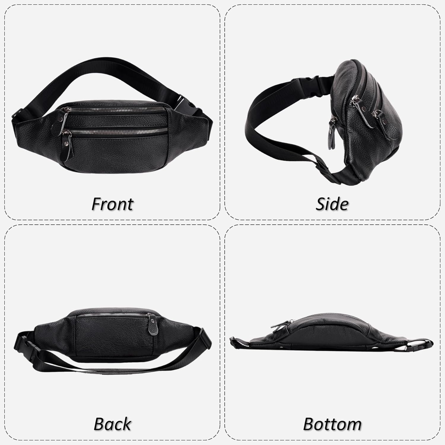 Genuine Leather Waist Bag, Outdoor Travel Waist Pack, Cowhide Leather Fanny Pack with Adjustable Strap, Suitable for Travelling, Outdoor Hiking, Cycling, Running - Black & Small - Image 6