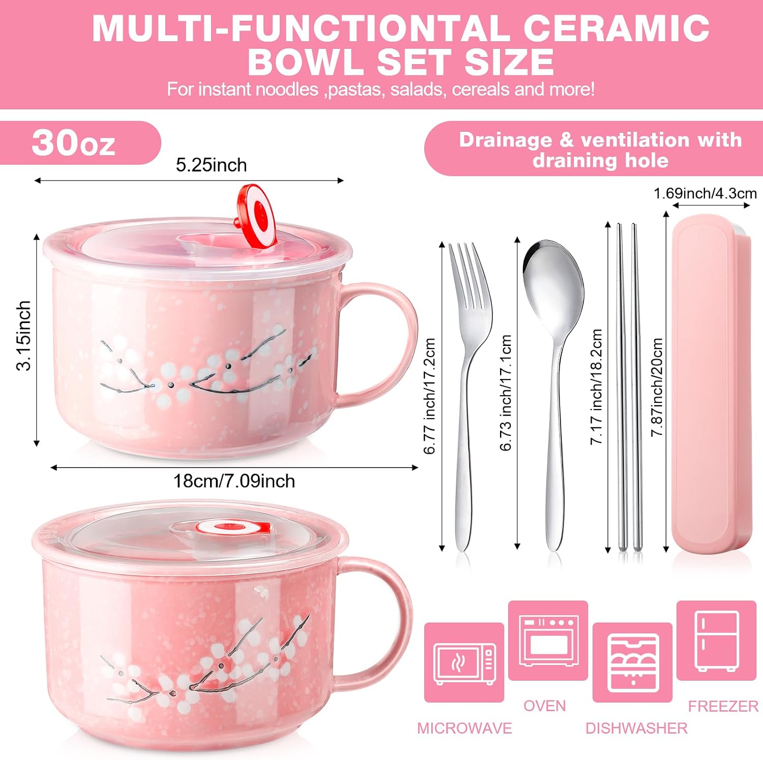 Tanlade 2 Pcs 30 oz Ceramic Soup Bowl with Lid and Handle Snow Flake Blossoms Cherry Pattern Microwave Soup Mug Instant Noodles Cup,2 Sets Stainless Utensils Fork Spoon Chopsticks with Case(Pink)