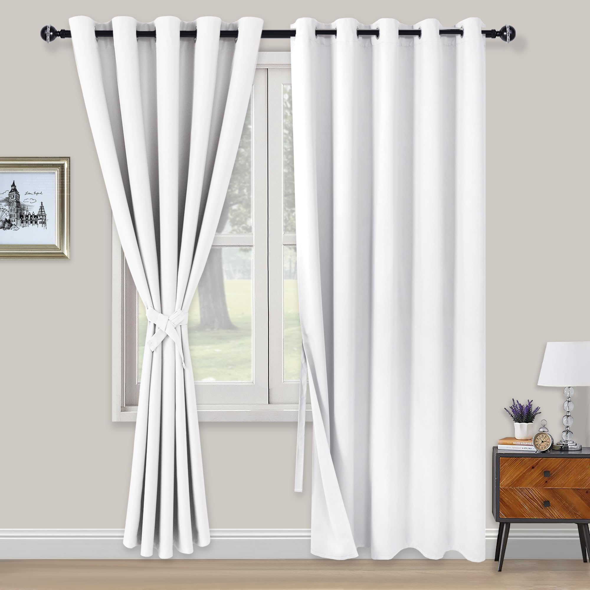 XWZO Blackout Curtains Shades Window Curtain Panels with Tiebacks- Noise Reduction and Thermal Insulated Eyelet Curtains for Bedroom,Living Room,Office,Study Room Greyish White W66xL90