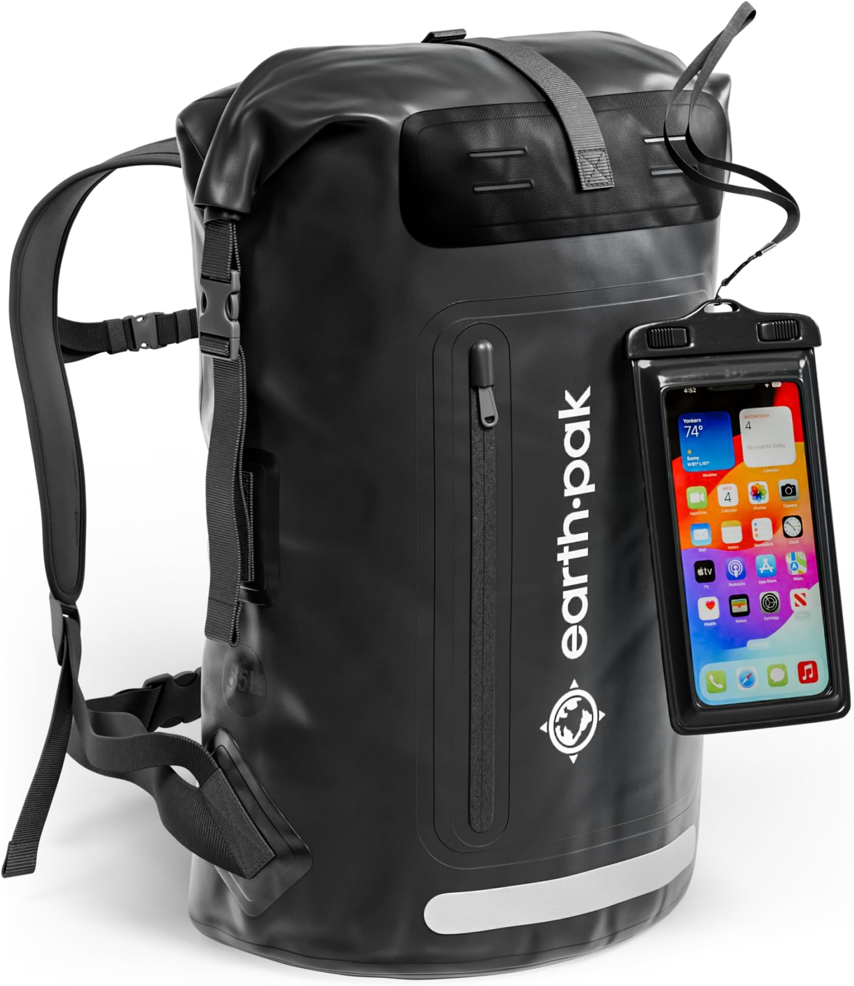 Earth Pak Waterproof Backpack with Roll-Top Closure, Front Pocket, Cushioned Back Panel & Phone Case (Black, 35L)
