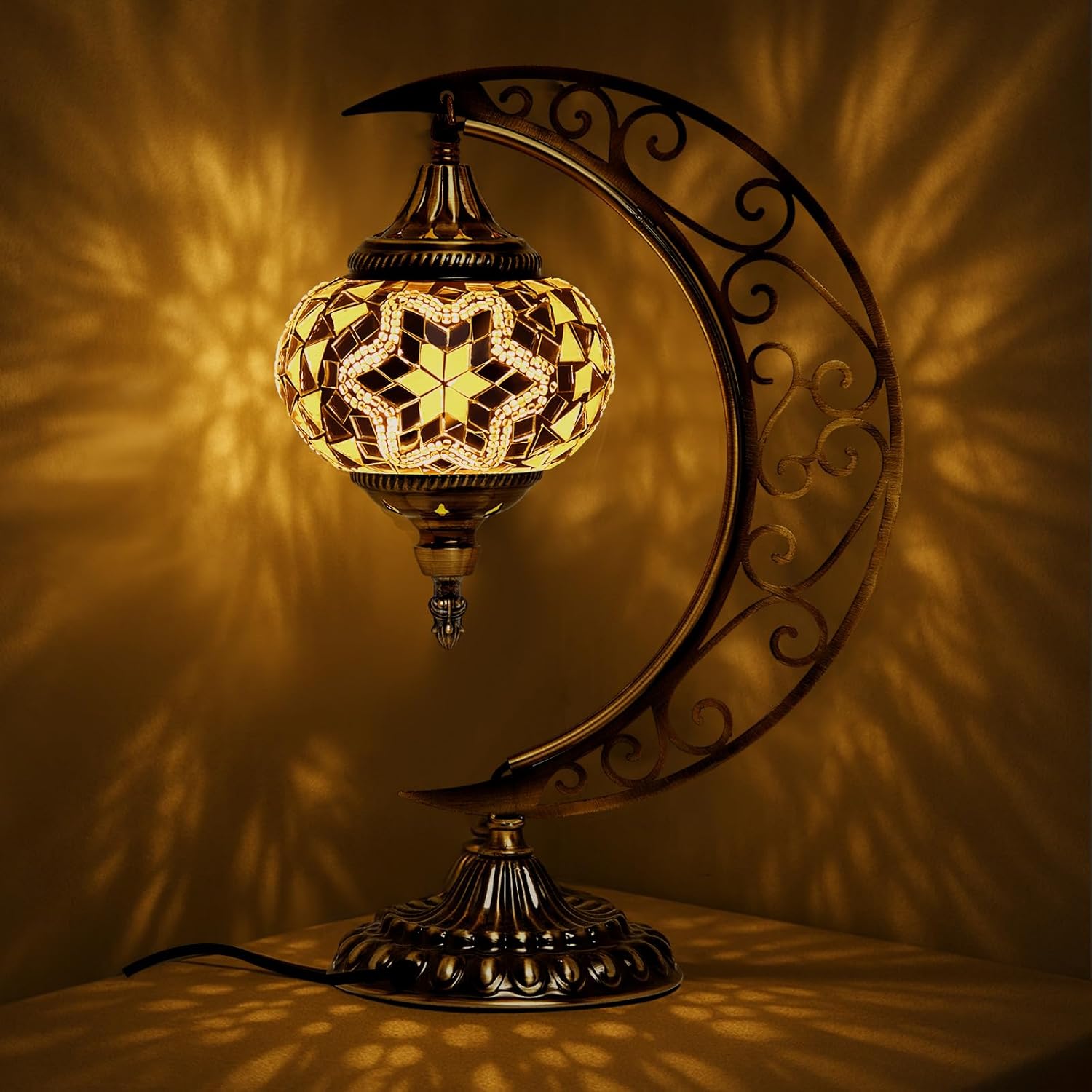 Baquler Turkish Mosaic Moon Lamp - Handmade Stained Glass Table Lamp with Metal Crescent Base, Bohemian Moroccan Bedside Night Light for Bedroom Living Room Decor, Unique Gift(Classic Style)