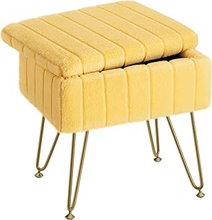 Greenstell Vanity Stool Chair Faux Fur with Storage, 15.7"L x 11.8"W x 19.4"H Soft Ottoman 4 Metal Legs with Anti-Slip Feet, Furry Padded Seat, Modern Multifunctional Chairs for Makeup, Bedroom,Yellow