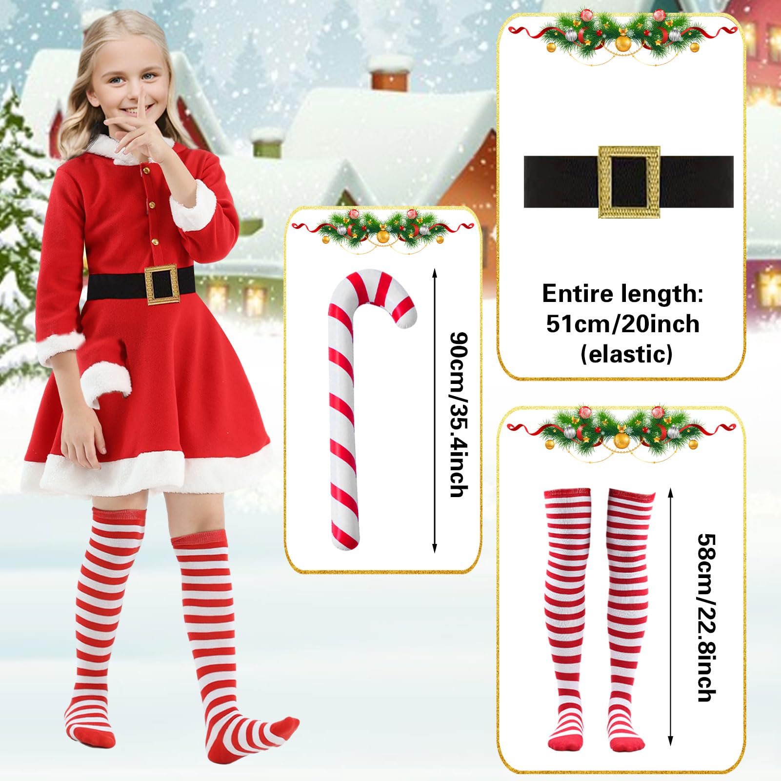 HarnyLoom Girls Santa Claus Dress Red Button Hood with Deer Antlers Holiday Party Show Christmas Theme Costume Dress with Belt (140) - Image 4