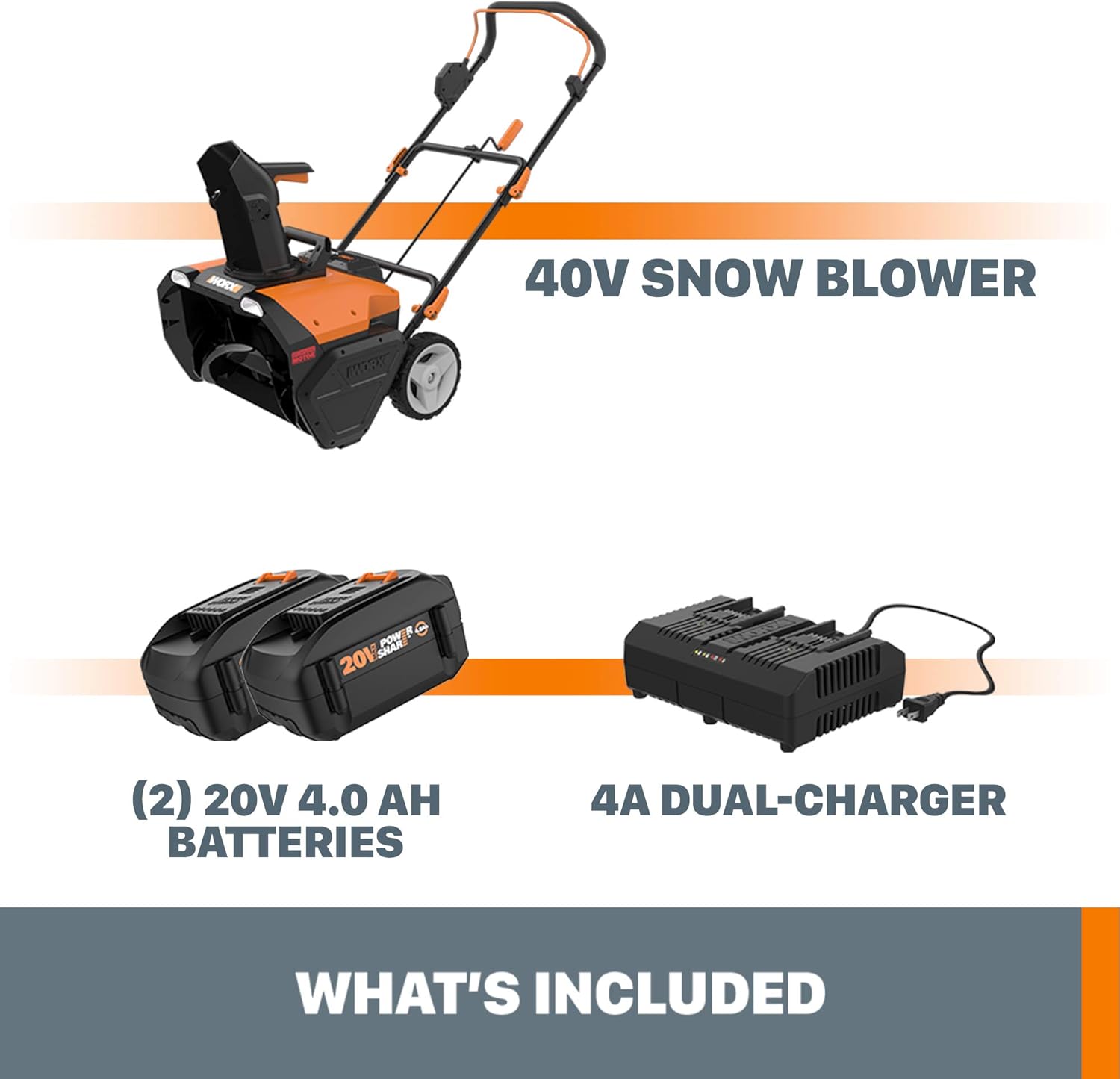 Worx 40V 20" Cordless Snow Blower Power Share with Brushless Motor - WG471 (Batteries & Charger Included) : Patio, Lawn & Garden