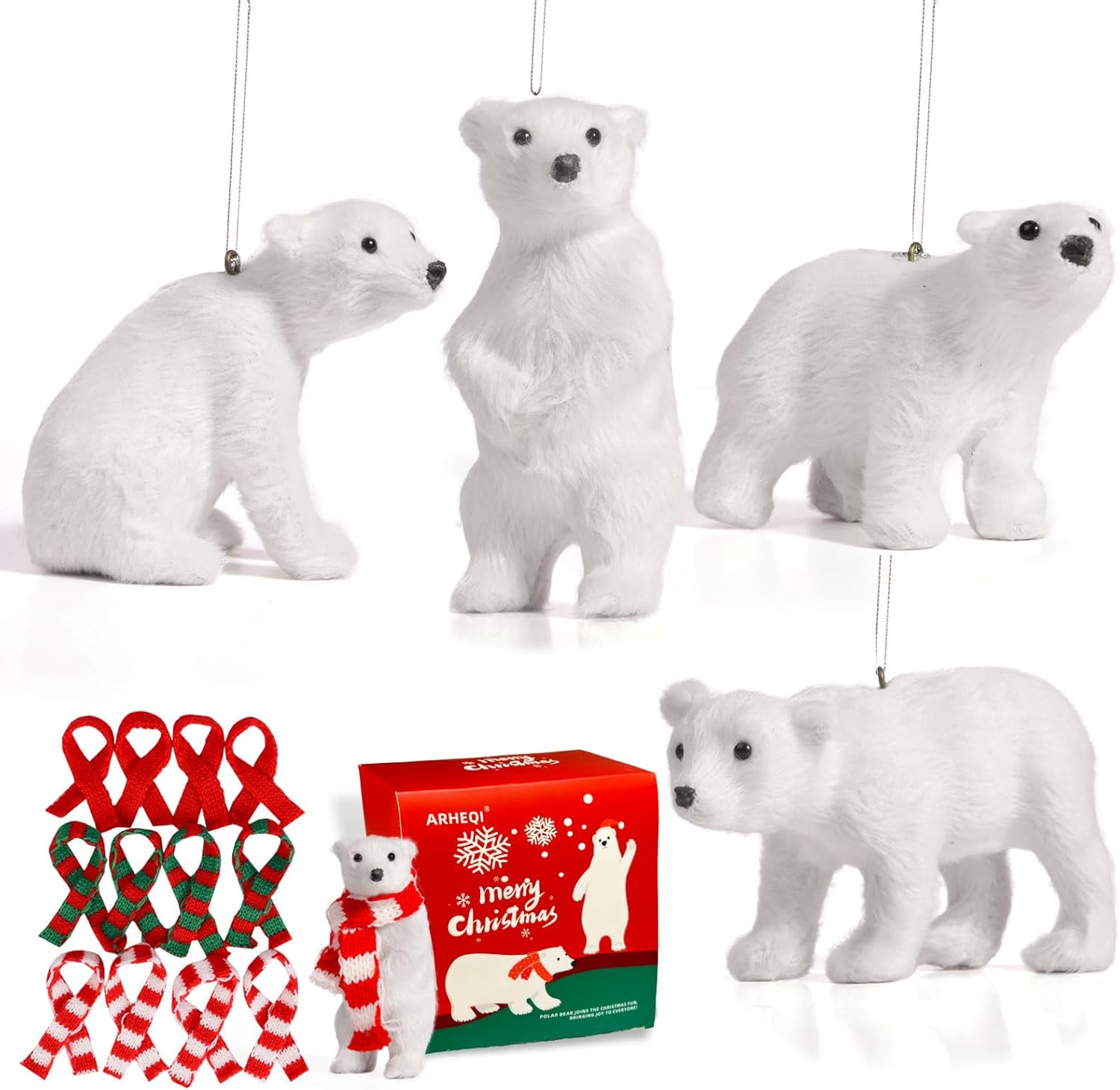 Polar Bear Christmas Decorations, Polar Bear Plush with Scarves in 3 Colors, Christmas Tree Ornaments Rustic Home Decor Gift for Kids Girl Boy Woman-4 Pcs