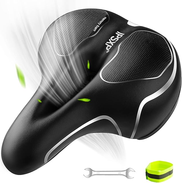 IPSXP Comfortable Bike Seat Wide Bicycle Saddle Replacement Memory Foam Padded Soft Bike Cushion with Dual Shock Absorbing Rubber Balls Fit for Exercise/Indoor/Mountain/Road Bikes