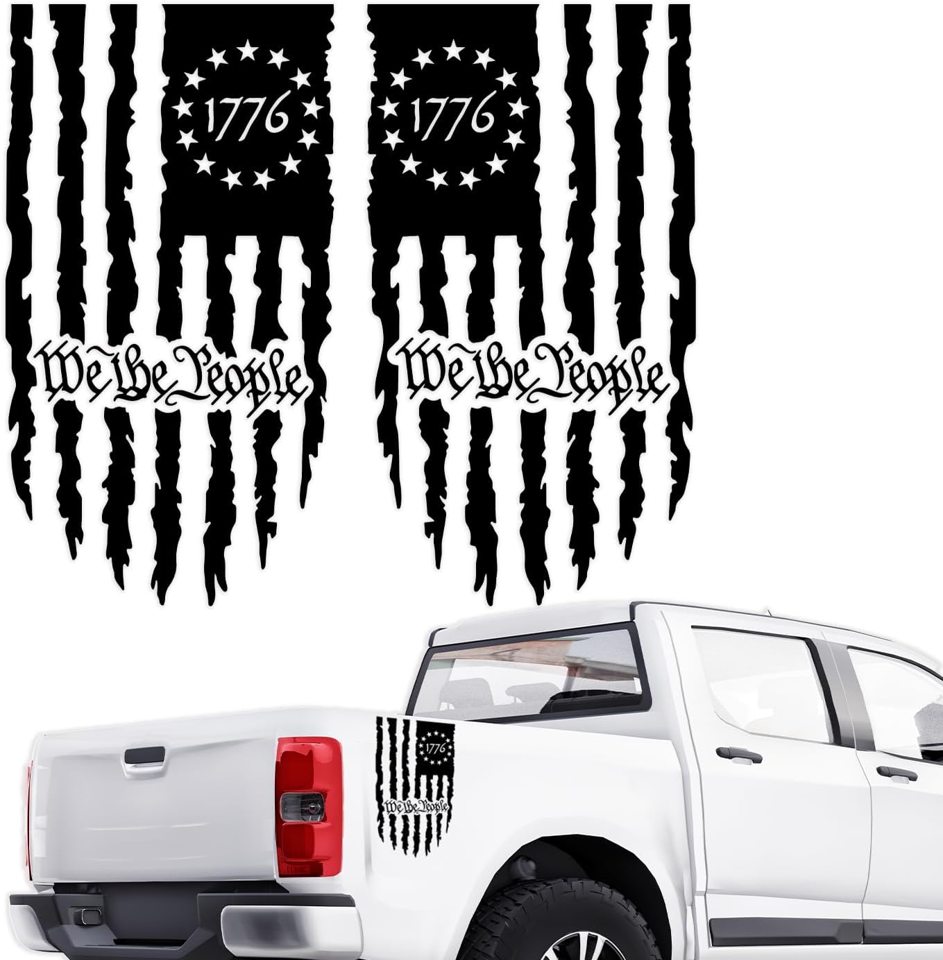 GRITKULTURE We The People Distressed American Flag Graphic Decal Vinyl 2 Pack for Both Side Trucks, Cars, Tailgate, Windows, Preamble of The US Constitution fits Most Pickup (Original Black)
