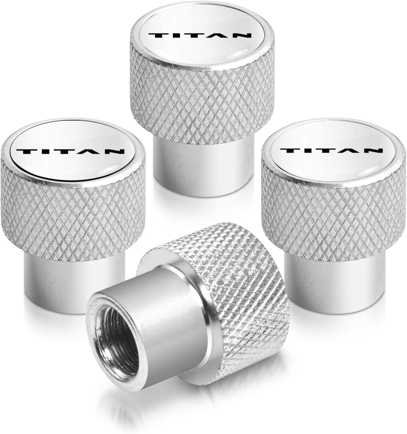 iPick Image for Nissan Titan Logo in White on Shining Silver Aluminum Tire Valve Stem Caps