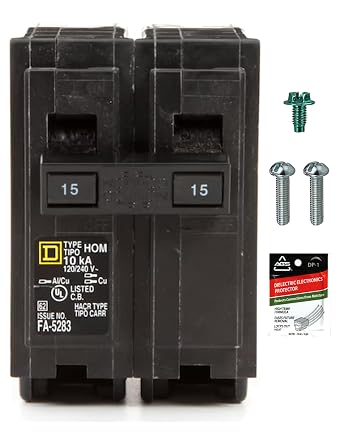Genuine Square D HOM215 Circuit Breaker Kit Bundle 1 Pack, 15 Amp 15A Double Pole, 120/240V, 10kAIC, UL Listed, Plug-On for Homeline Load Centers & Panel Box, New Replacement