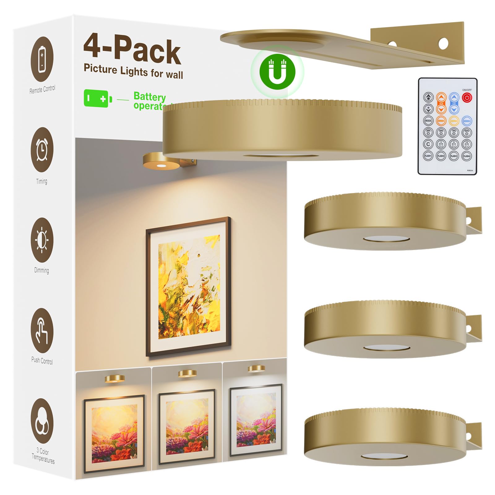 Picture Lights for Wall Battery Operated,4-Pack Magnetic Battery Operated Picture Light,Dimmable Timer Wall Lights for Pictures on Wall,Art Light for Picture Frame,Gallery,Portrait,Puck Lights, Gold