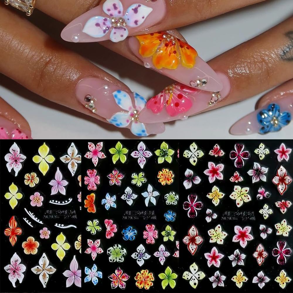Flower Nail Stickers for Nail Art, 5D Embossed Hibiscus Nail Decals Pink White Lily Hibiscus Tropical Floral Summer Spring Flower Nail Art Supplies for Women Girls (4Sheets)