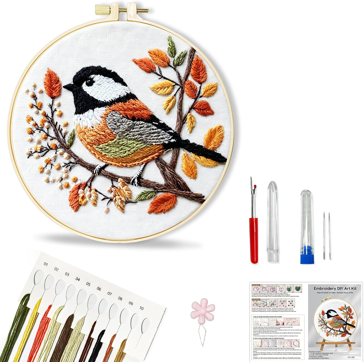Huacan Embroidery Kit for Beginners Adults Includes Stamped Bird Pattern, Hoop, Color Threads,Tools,Easy to Follow Instruction