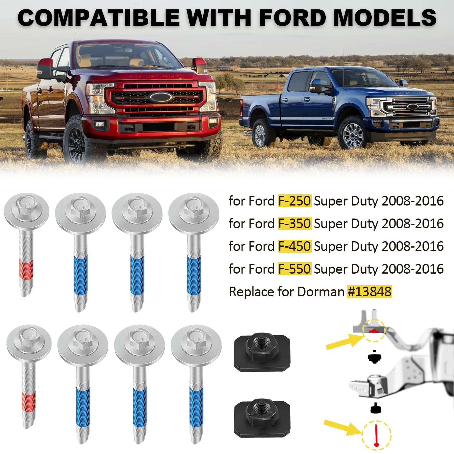 13848 Frame to Body Mounting Bolt Kit Replacement for Ford 2008-2016 F-250 F-350 F-450 F-550 Super Duty # W715132S439K W712879S439 2L1Z78101C58AA Truck Bed Hardware