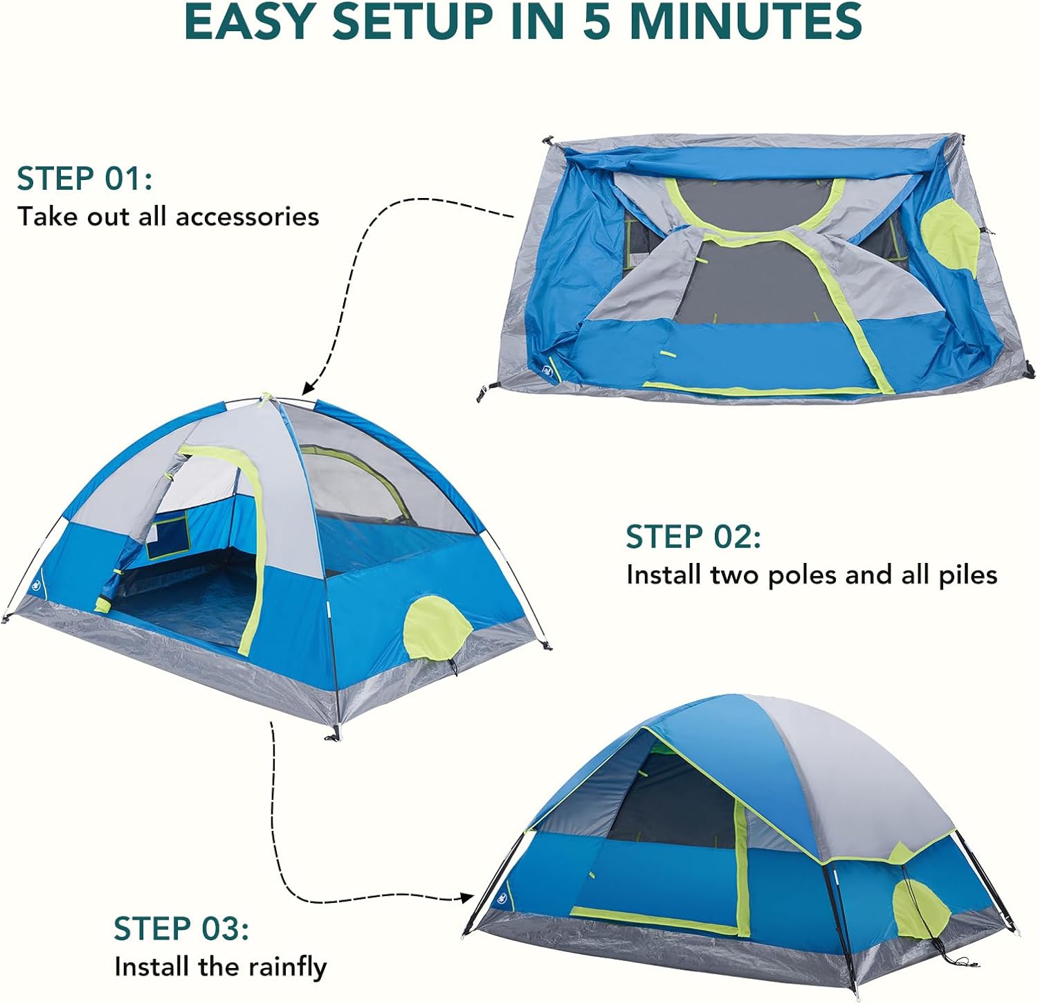 OLIXIS Camping Tent 2/4/6 Person, Waterproof Windproof Dome Tent with Multi-Directional Ventilation, Quick 5 Min Setup for Family Outdoor, Backpacking, Hiking