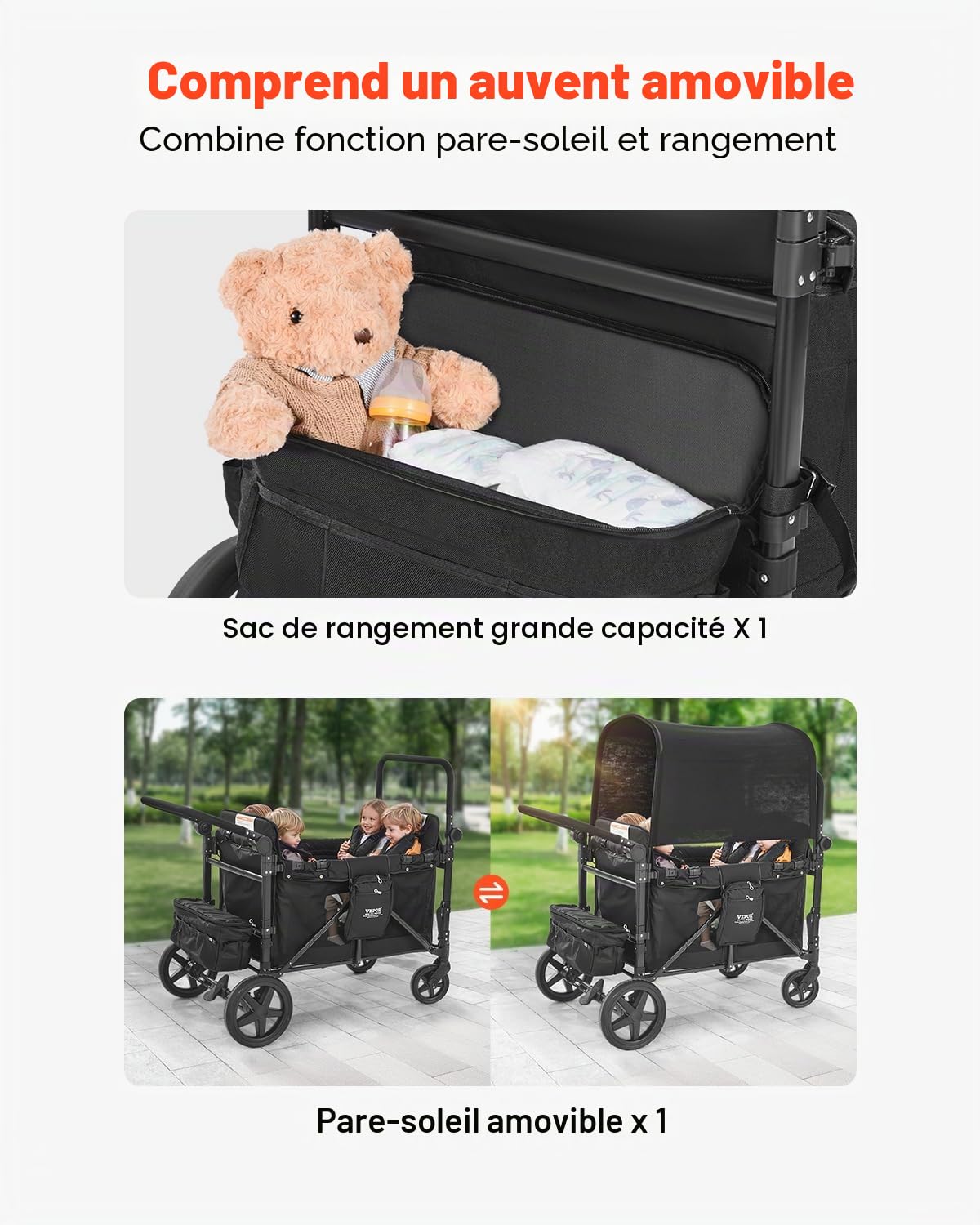 VEVOR Poussette Chariot pour 4 Enfants Pliable à Quatre Roues, Capacité de Charge 150 kg, avec Poignée Réglable, Harnais de Sécurité 5 Points, Auvent Amovible, Poussette 4 Places pour Camping, Noir
