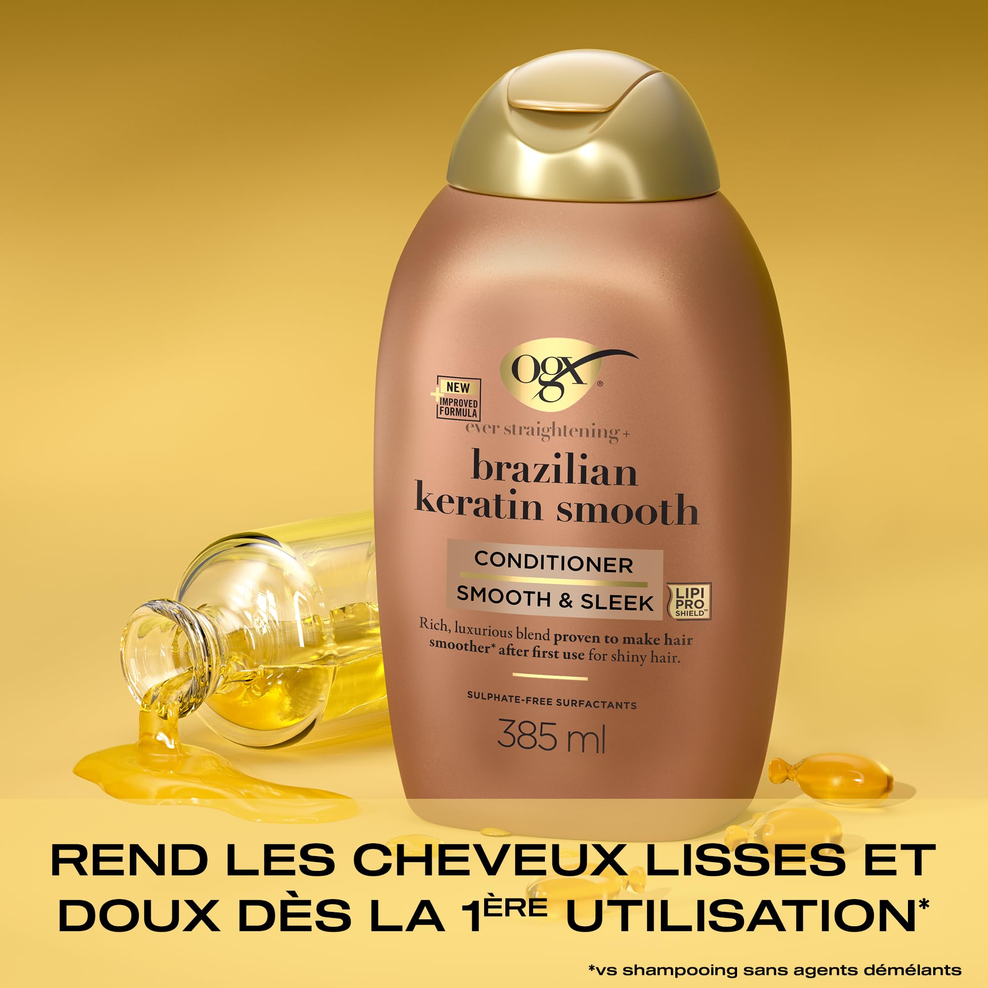 OGX - Après-Shampooing Kératine Lissage Brésilien (flacon de 385 ml) – Soin capillaire lissant à la kératine pour des cheveux brillants – Après-shampoing sans sulfate et sans parabène