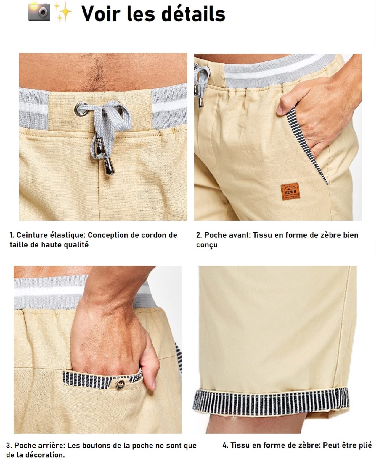 Tansozer Short Homme en Coton Casual Pantalon Slim Fit Taille éLastiquéE Short