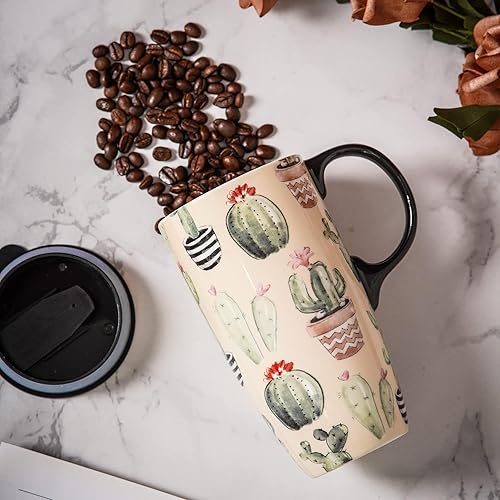 Miniatura 8 de Topadorn Taza de cerámica para café, taza de té con leche de porcelana con tapa, 17 onzas, cactus