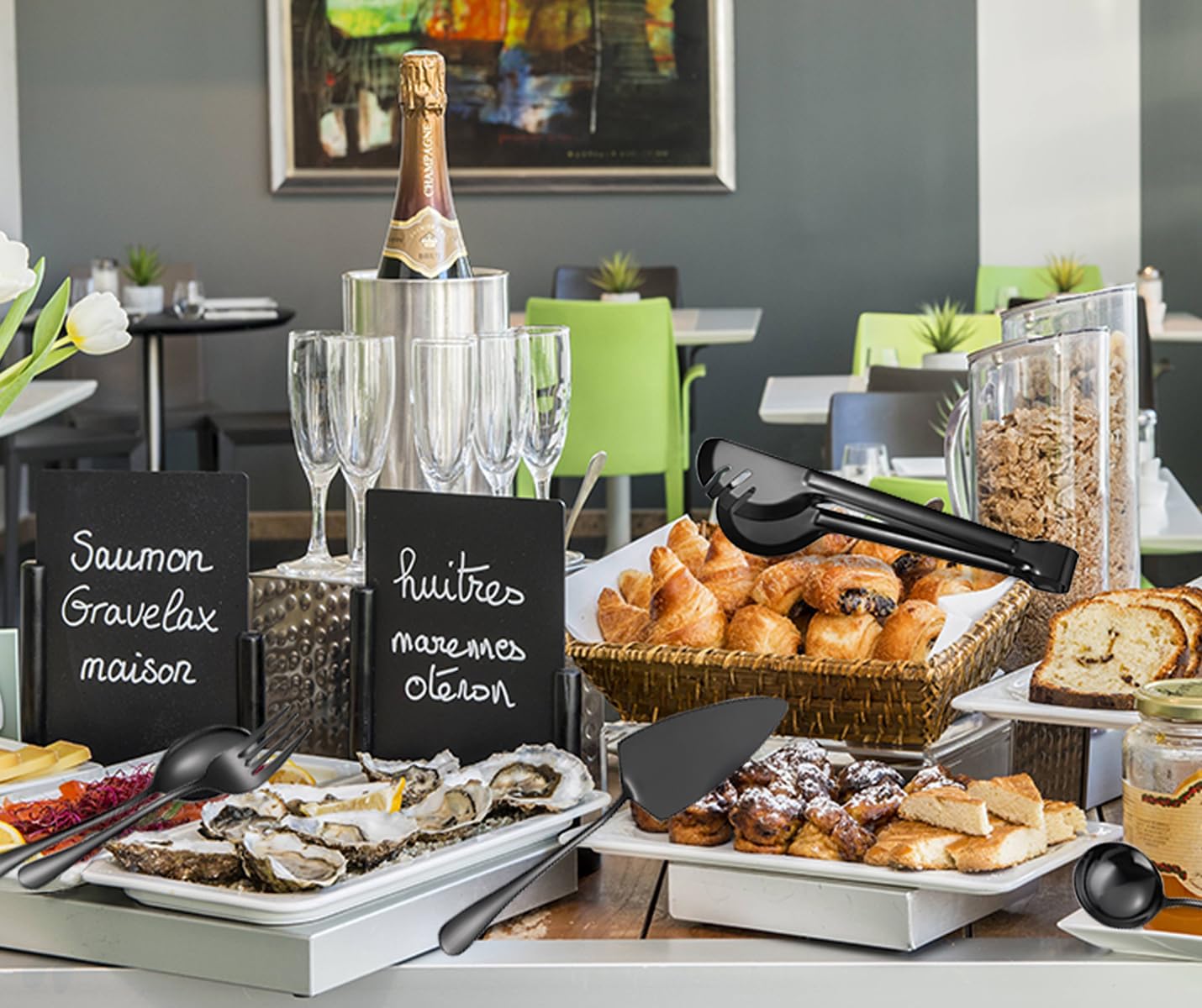 AARAINBOW Set di 8 utensili da servizio, grandi posate a buffet, con cucchiaio, in acciaio inox, per insalate, torte, posate da insalata, per feste, banchetti (8 nero)