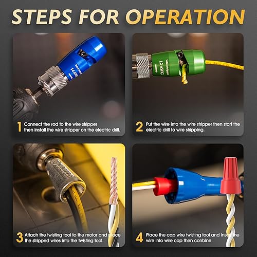 Miniatura 3 de TOOLIOM Pelacables para taladro, estándar de EE. UU., 14-12-10-8 AWG, pelacables rápidos con tuerca de alambre para electricista, hogar, bricolaje