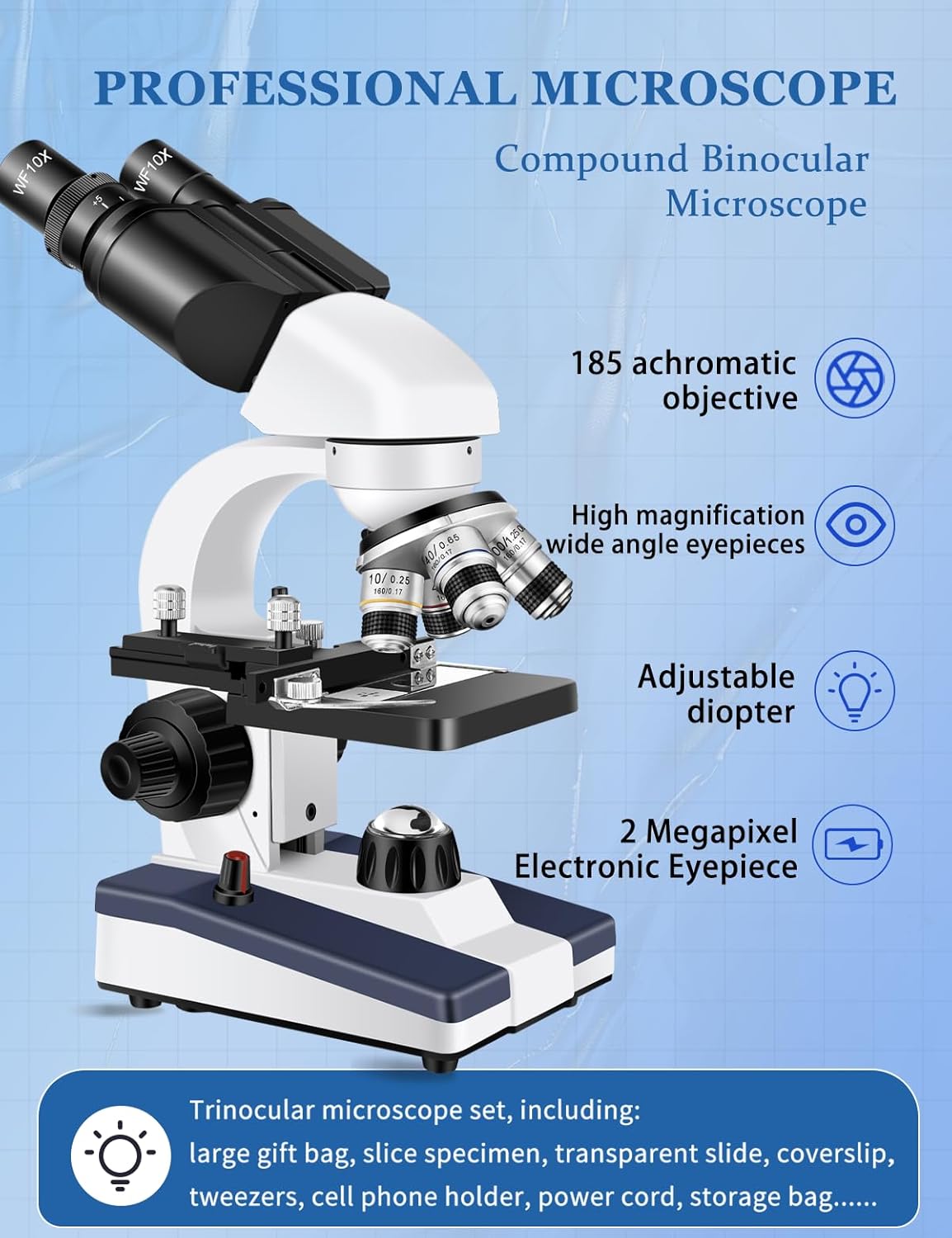 Microscope for Adults WF10x and WF25x Eyepieces, 40X-2500X Magnification, with HD USB Camera, Binocular Microscope for Lab Schools - Image 8