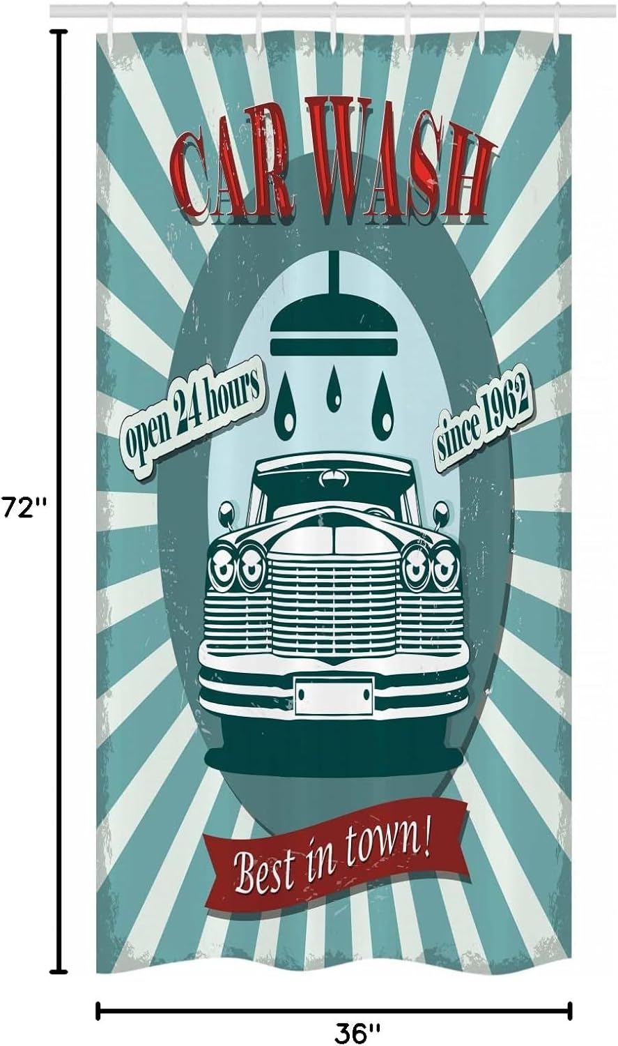 Ambesonne Retro Stall Shower Curtain, Vintage Graphic Design for a Car Wash Sign Commercial Aged Classic Vintage Arsty, Fabric Bathroom Decor Set with Hooks, 36" W x 72" L, Red Teal