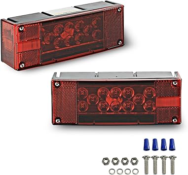 Wellmax 12V LED Trailer Lights, Submersible and Waterproof Low Profile Rectangular tail lights for RV, marine, boats, trailers