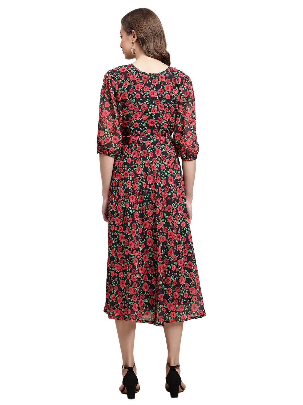 Preneum Women's Maxi Fit & Flare Latest Style Print Georgette Regular Sleeves Casual Summer Maxi Dress || Festival & Occasion, Red, M