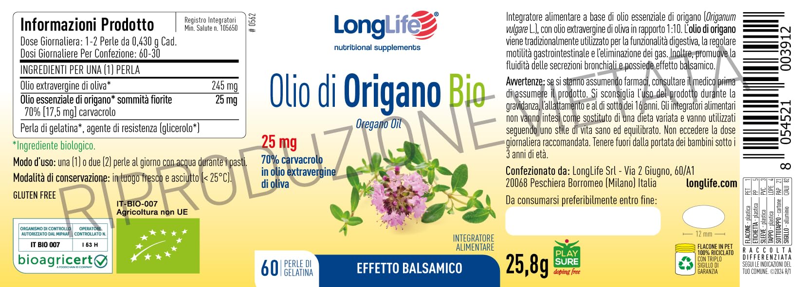 LongLife® Olio di Origano BIO | 70% Integratore di olio essenziale di origano con olio extravergine oliva | Effetto balsamico per stomaco e intestino | 60 perle | Senza glutine