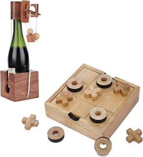 Ajuny Tic Tac Toe & Wine Bottle Puzzle Wooden Gift Set – 5.5" XO Board with Decorative Storage Box & 3D Brain Teaser Lock Puzzle for Adults, Fun Wine Lover Gift & Coffee Table Decor