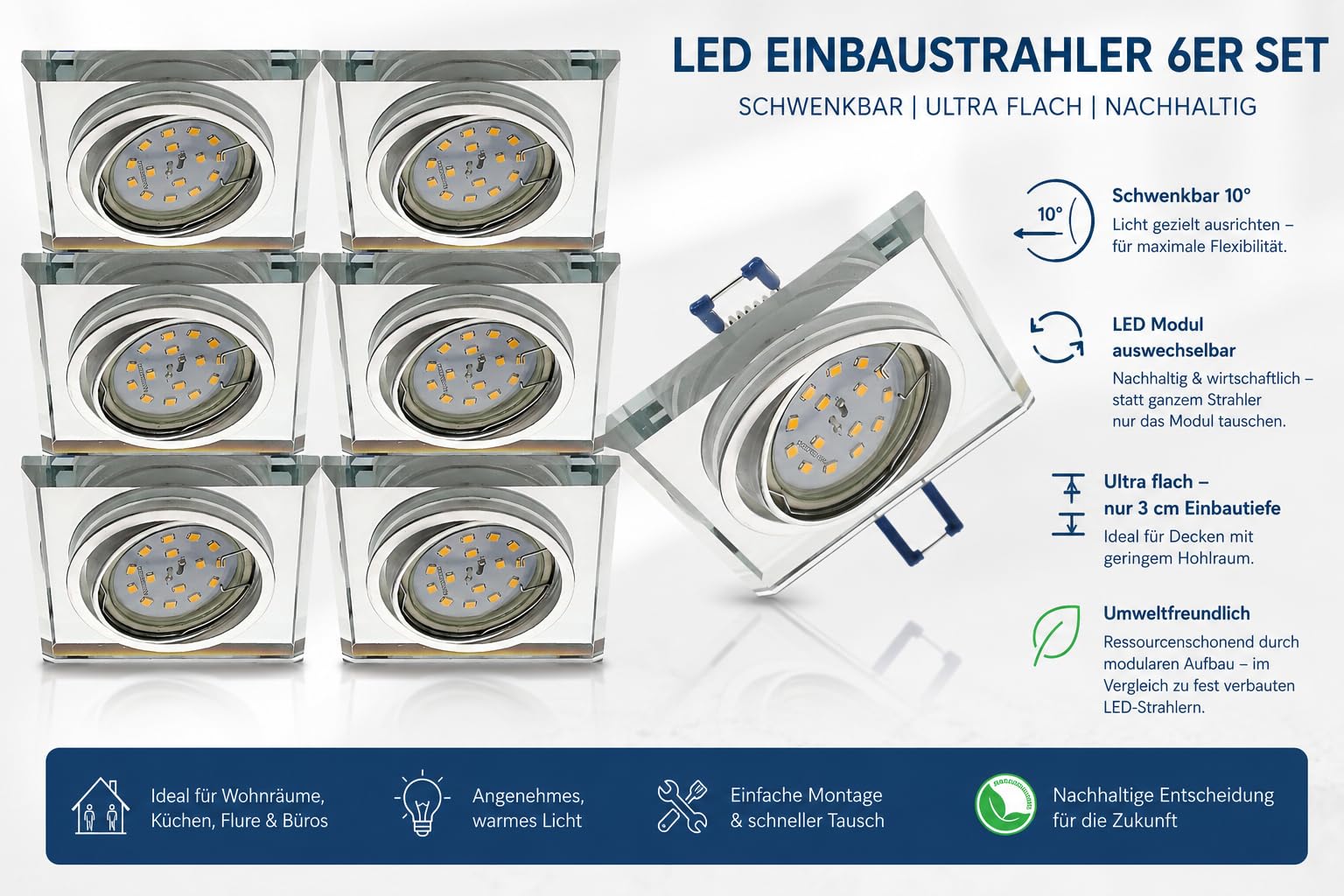 Trango 6er Set LED Einbaustrahler 6729S-06MO Einbauleuchten, Deckenstrahler, Strahler aus Glas & Alu inkl. 6x 5 Watt LED Modul Ultra flach Deckenspots, Einbauspots, Spots