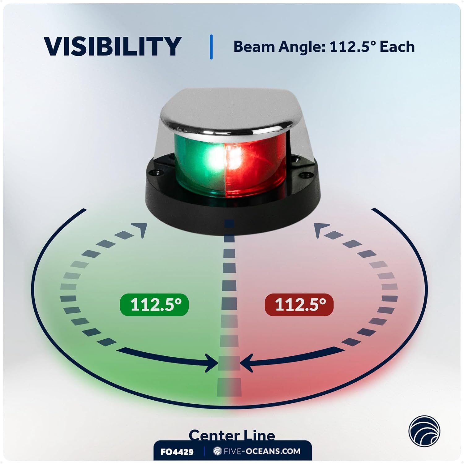 Five Oceans LED Boat Navigation Lights - Red & Green Bi-Color Bow Light, Horizontal Mount, 12V, USCG Compliant, 2NM Range for Pontoon & Fishing Boats - FO4429