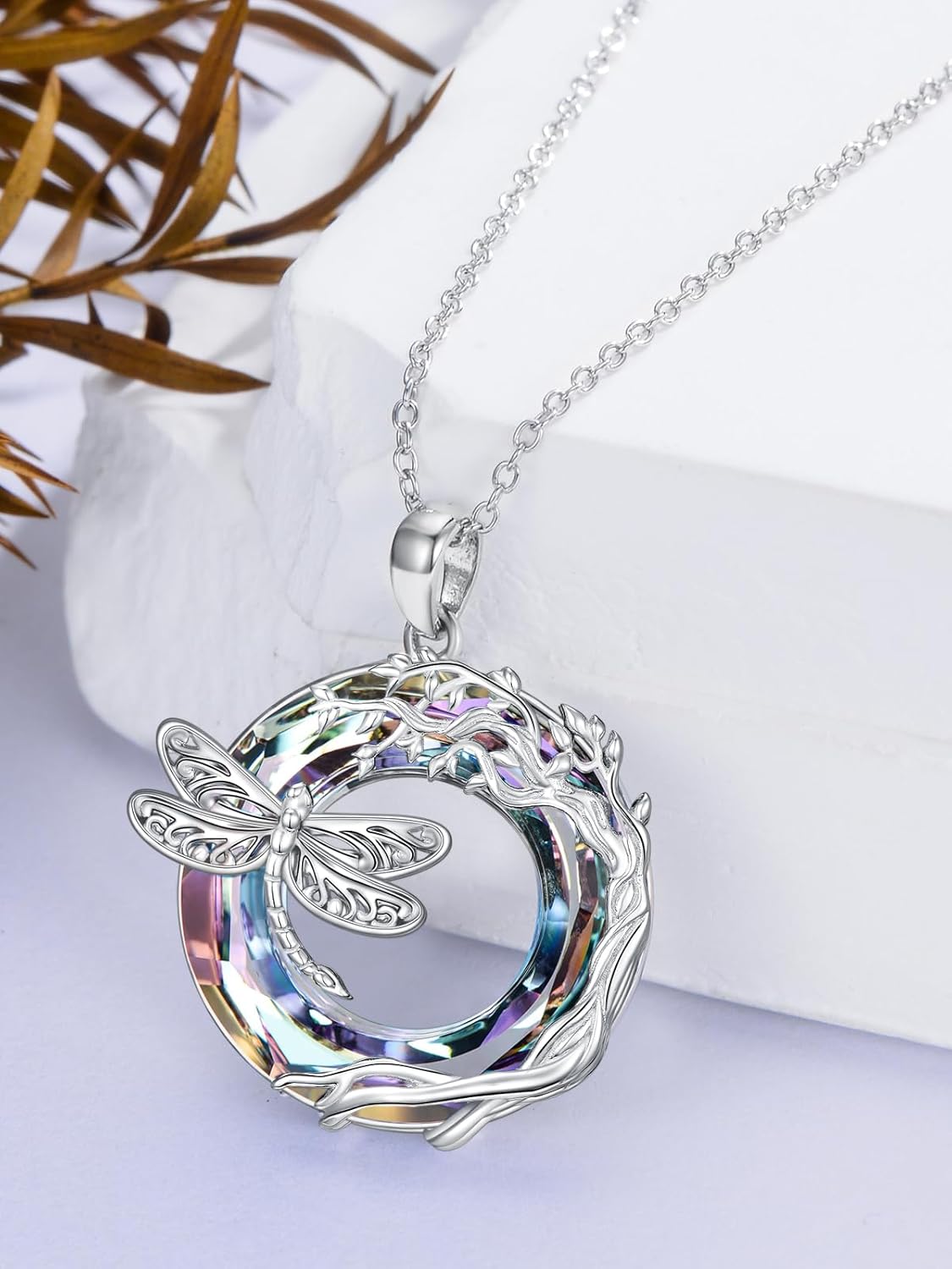 Dragonfly Necklace 925 Sterling Silver Dragonfly/Sunflower Bee Pendant Necklace Dragonfly with Blue Circle Crystal Dragonfly Jewelry Gifts as Holiday Christmas Gifts for Women - Image 3