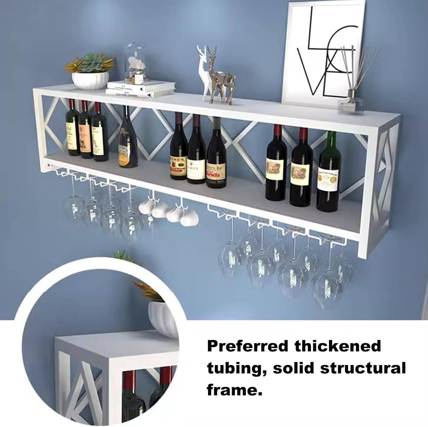 Wall Mounted Wine Rack with Glass Holder and Storage Shelves White 60 * 25 * 45CM