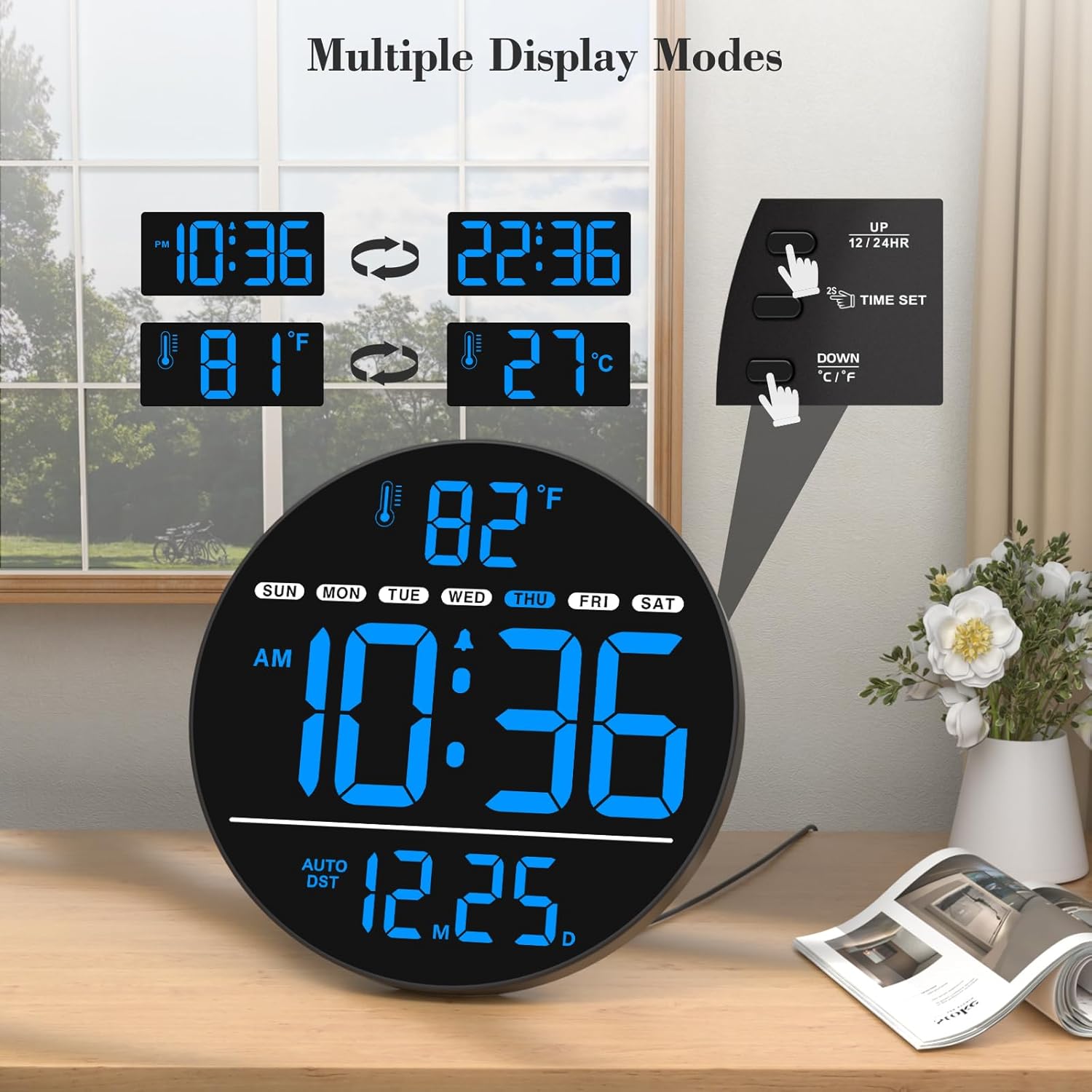WallarGe Digital Wall Clock showing multiple display modes and control buttons