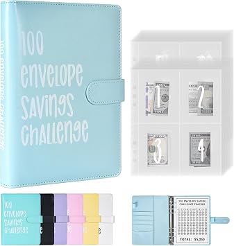 100 Envelopes Challenge Binder, 100 Envelopes Money Saving Challenge, A5 Money Saving Budget Binder with Cash Envelopes to Save $5,050 Budget Planner Blue