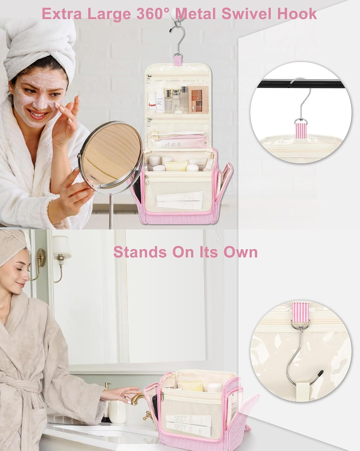 Relavel Hanging Toiletry Bag for Women, Travel Makeup Bag Cosmetic Organizer Toiletries Shower Bag for Travel Essentials, Accessories, Cute Gifts for Girls, Pink