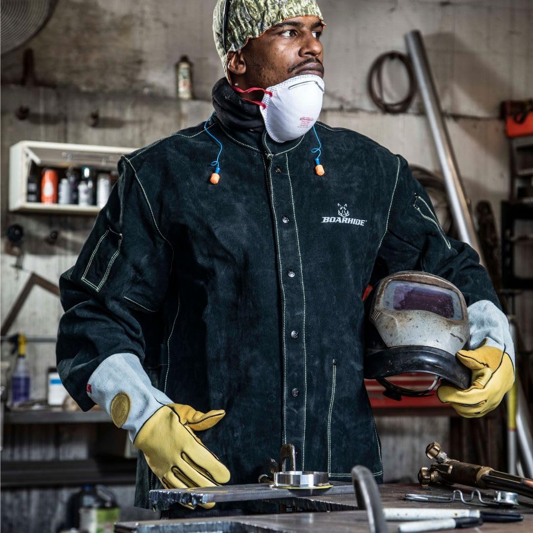 Elk Skin MIG/Stick Welding Gloves,Flame Resistant Wool Lined Back,Cowhide Cuff,Kevlar,Kontour Design,Gold/Gray Large(1485-5)