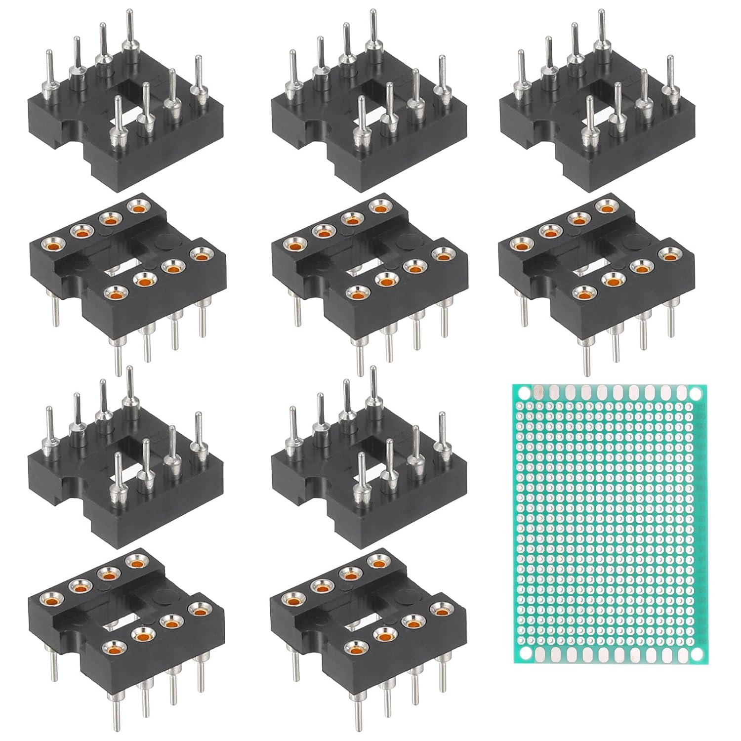 MECCANIXITY 10Pcs 500V DIP IC Chip Socket Adapter 2.54mm Pitch 8 Round Pins with Single-Sided Tin-Plated Circuit Board for Breadboard PCB Board Chip