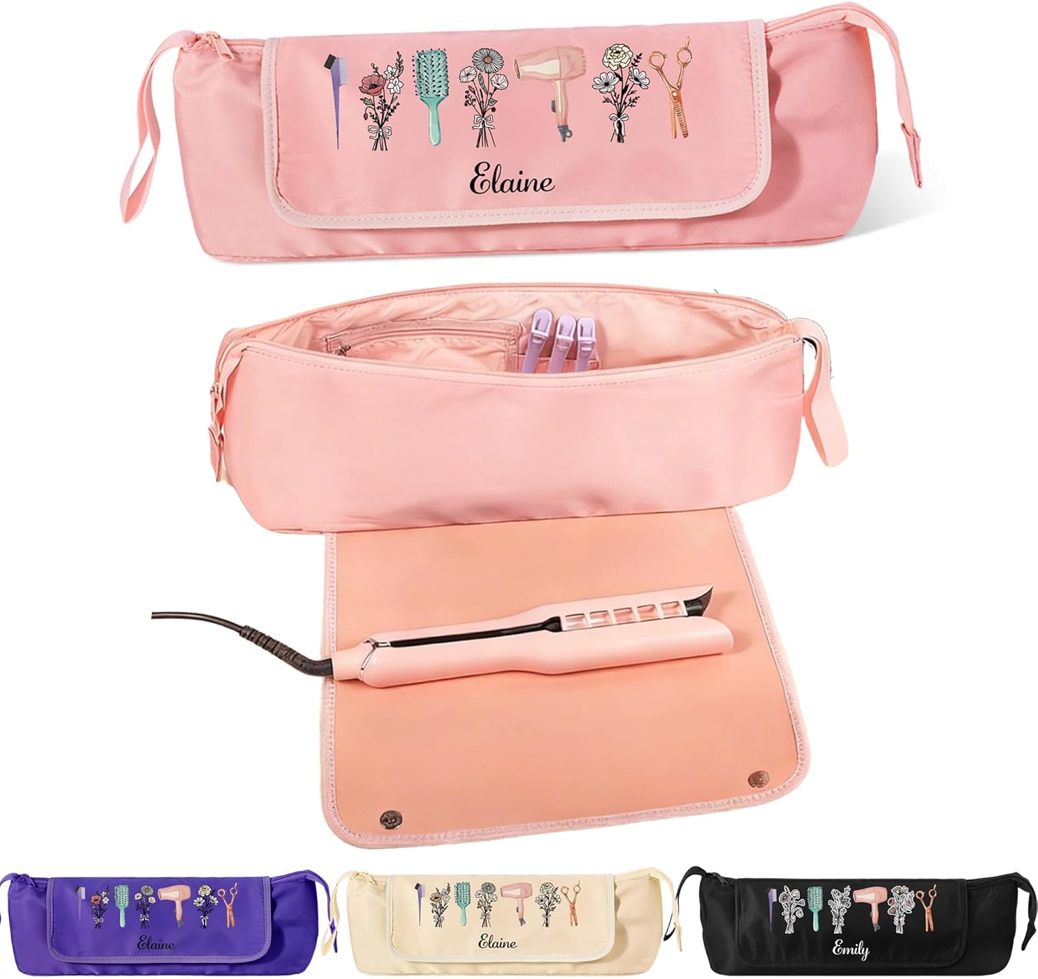 callie Personalized Hair Tools Travel Bag - Custom Name & Birth Flower, Portable Hot Hair Curling Iron Organizer with Heat Resistant Mat, Birthday Christmas Gift for Women