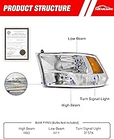 Vista 4 de for 2009 2010 2011 2012 2013 2014 2015 2016 2017 2018 Dodge Ram Headlight Assembly compatible with 09-18 Ram 1500/10-18 Ram 2500 3500 Chrome Housing