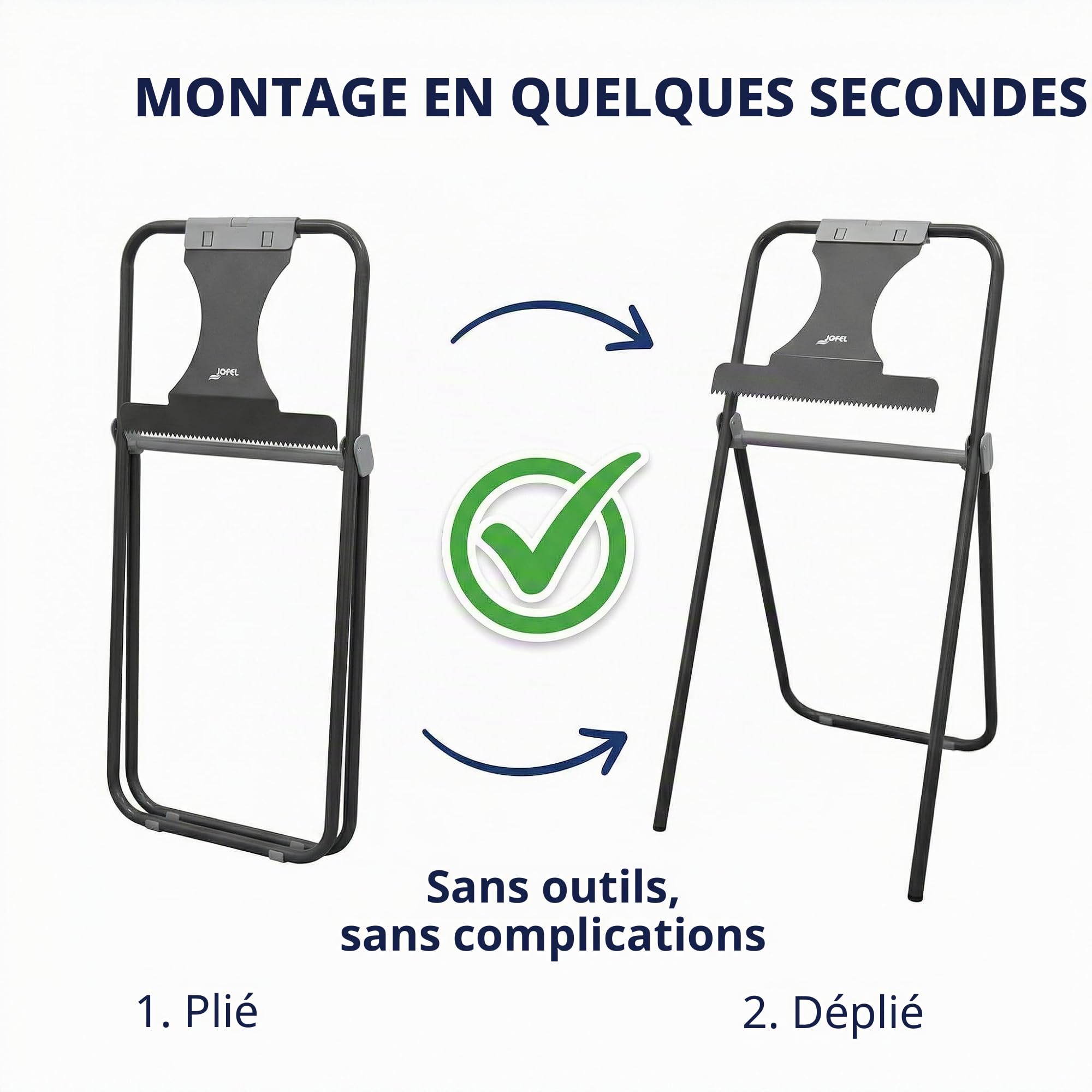 Jofel - Porte-rouleau pliable au sol, Distributeur de papier industriel avec coupe frontale, grande capacité, tube acier 20mm, accepte des rouleaux jusqu'à 500m, AD30010