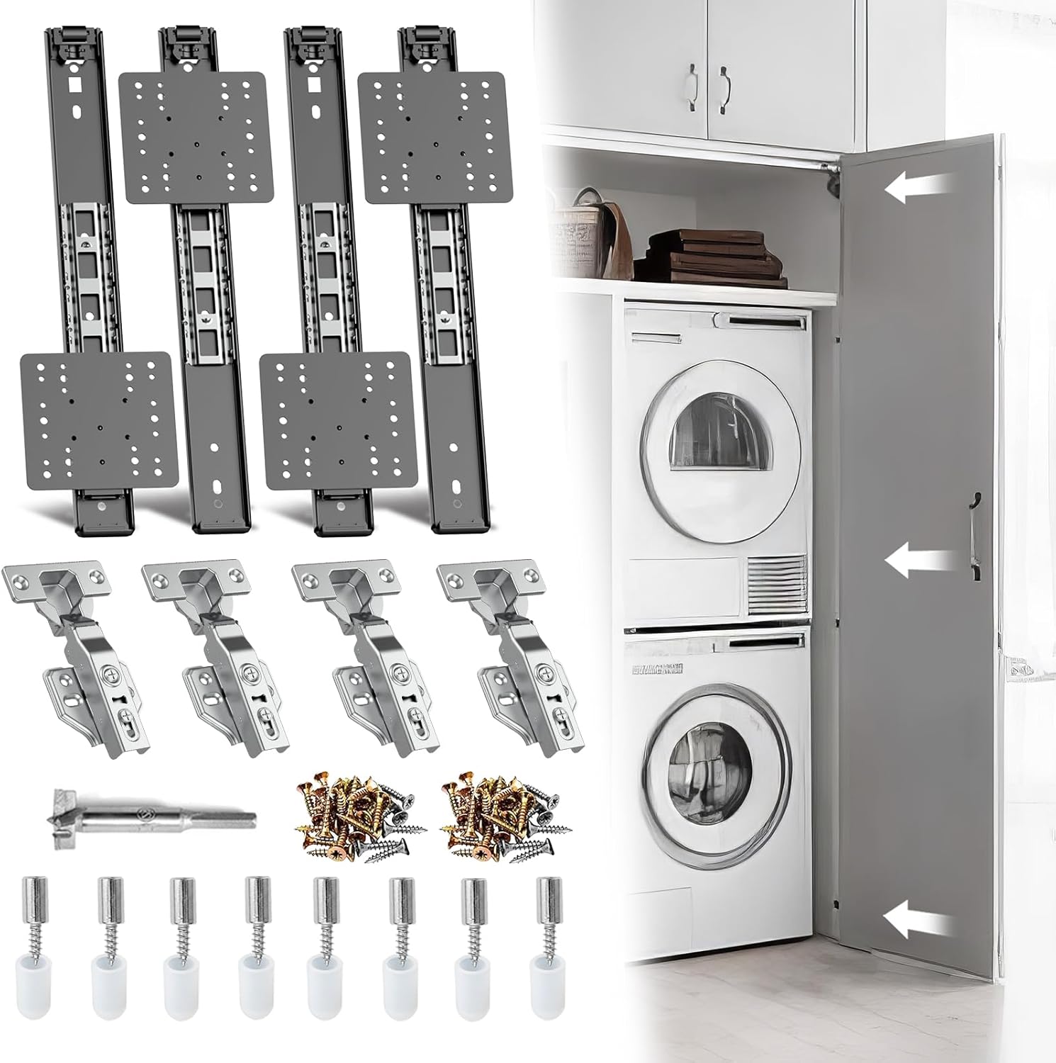 Pisman Pocket Door Slides 12 inch 4 PCS and Pocket Door Hardware for Inset and Cabinet Door, Disappearing and Hidden The Slides and The Hinges.