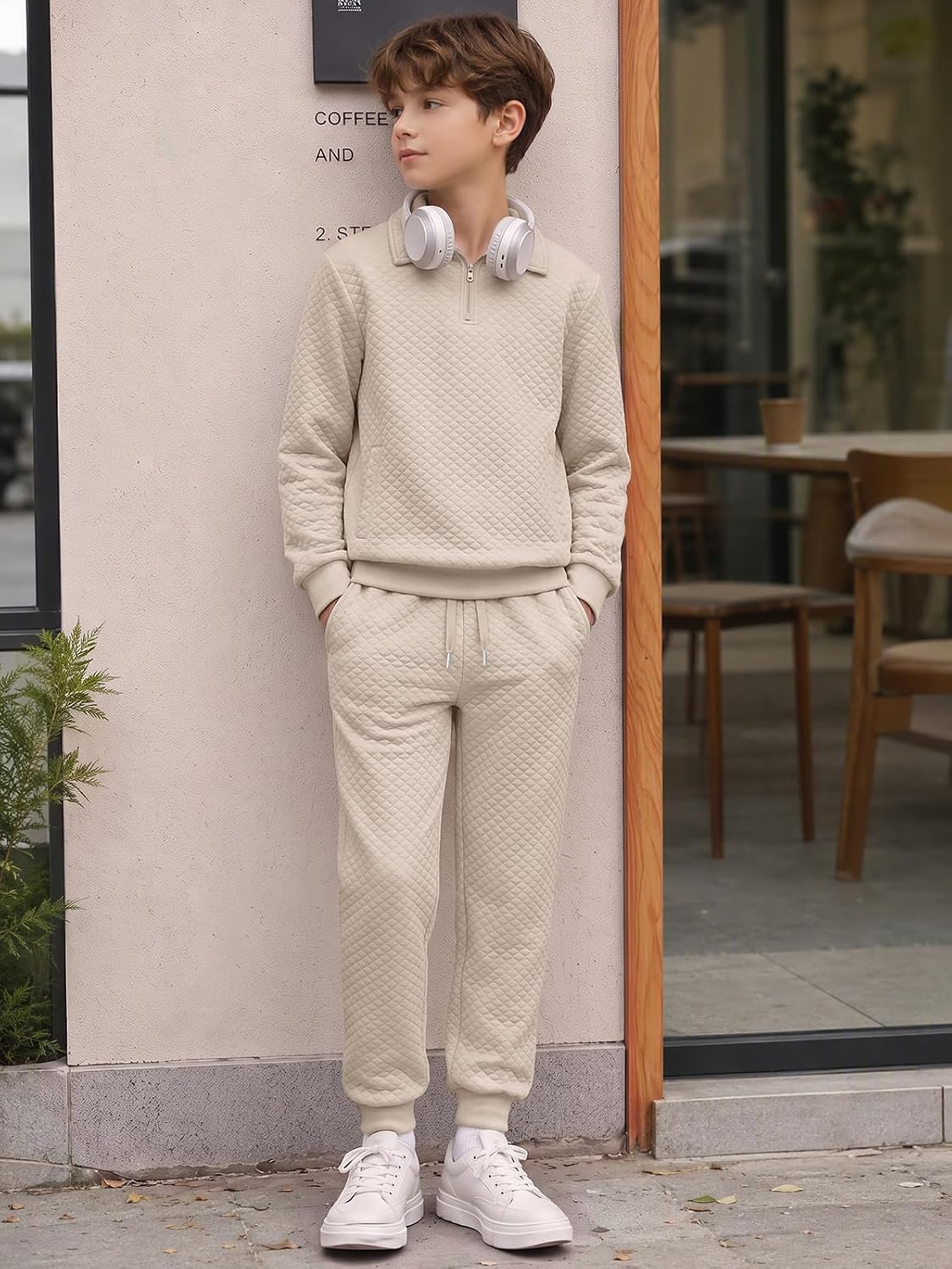 Boys 2 Piece Outfits Quilted Quarter Zip Sweatshirt and Jogger Set