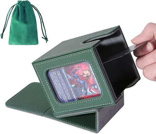AFIING MTG Deck Box for Commander Display,Card Deck Box Fits 100 Double Sleeved Cards, Magic Commander TCG Card Storage case with 2 Dividers,Dice Bag and 1 Toploader(Green/Grey)