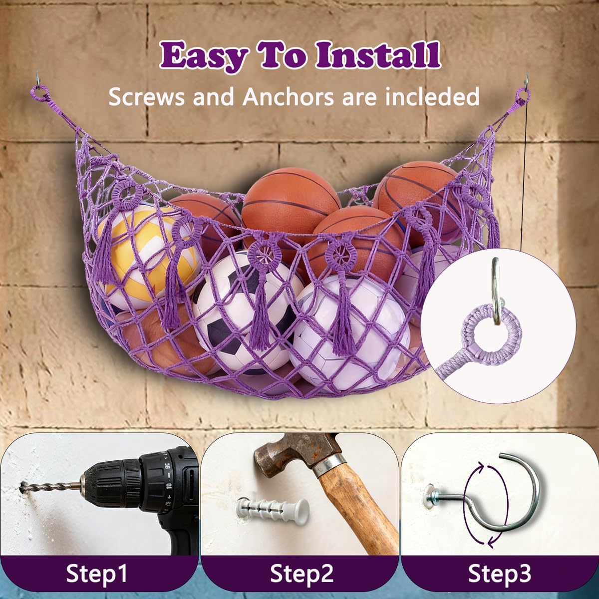 Sports Ball Storage Net，Sport Equipment Storage Hanging Hammock，Organizer Net for Basketball,Volleyball,Football