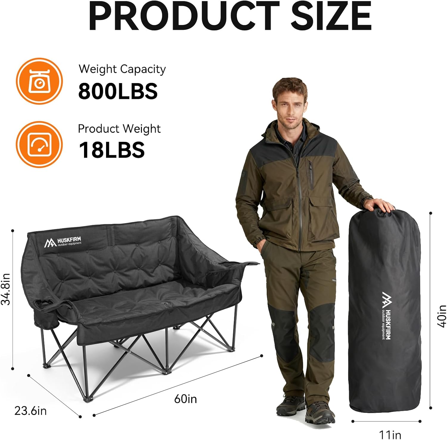 Double Camping Chair Padded Camping Chairs Heavy Duty 2 Person Camping Chair Oversized Loveseat Camping Chair with Cup Holders Camping Couch Support 800LBS,Black