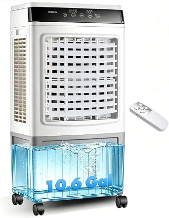 10 Gal Portable Swamp Cooler, 3-in-1 Evaporative Air Cooler with Remote & Top-Fill, Quiet Fan for Patio, Garage & Home