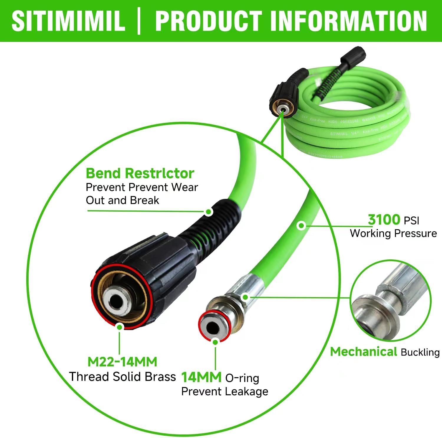 1/4 Pressure Washer Hose 25 FT, 3100 PSI Kink Resistant Super Flexible Power Washer Hose for Pressure Washer, Universal Extension Hoses Replacement for Gas & Electric, Compatible with M22 14mm