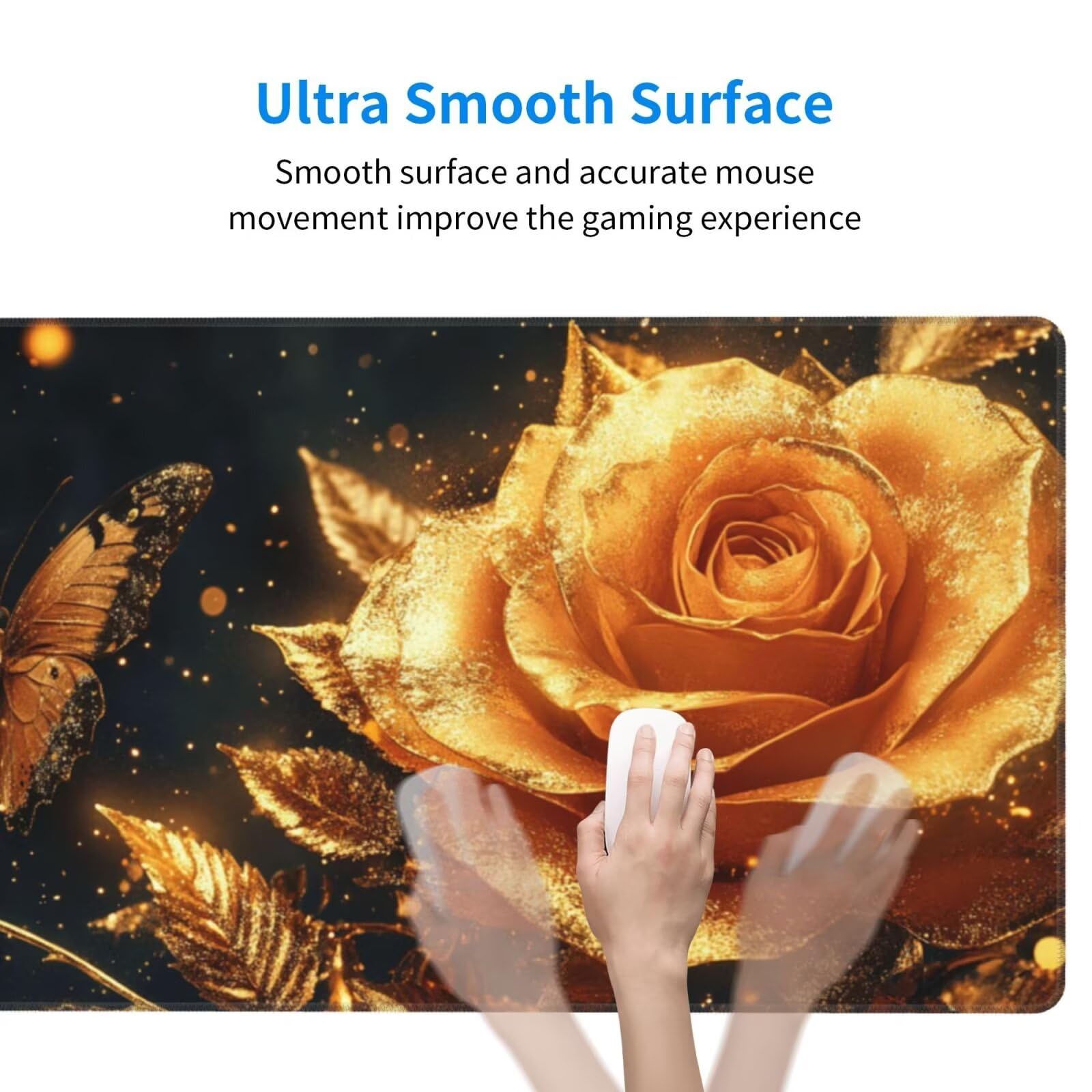 Gaming Mauspad XXL 1200 x 600 x 3mm Mousepad Verlängertes Groß Mauspad Schreibtischauflage,Genähte Kanten rutschfeste Gummibasis,Verbessert Präzision Geschwindigkeit Home Office Goldener Rosen L-2904